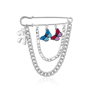 Vintage Punk Alloy Butterfly Pony Safety Pin Chain Brooch Colorful Enamel Multi Layer Metal Chain Brooch For Women Jewelry Gift