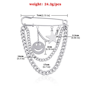 Silver multi-layer chain brooch with smiling face and star pendants for suits