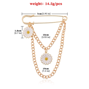 Minimalist gold daisy double chain brooch with white flower pendants for men and women