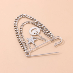 Retro punk style silver layered chain brooch with star and smile face pendants