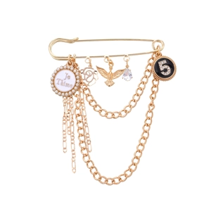 Vintage Gold Alloy Brooch Safety Pin With Faux Artificial Pearl Je Taime Number 5 Pendants Rhinestone Rose Multi Layer Chain Jewelry