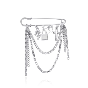Punk Legierung Anstecknadel Brosche Mehrlagige Kette Mit Rose Schmetterling Kreuz Schloss Anhänger Silber Farbe Damen Schmuck