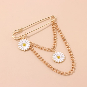 Minimalist golden daisy flower chain brooch with white enamel petals for men and women
