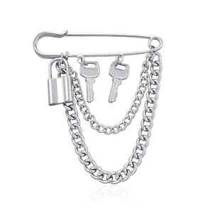 Punk Alloy Safety Pin Brooch With Lock Key Charms Multilayer Metal Chain Silver Color Pin Accessory For Men Women Jewelry