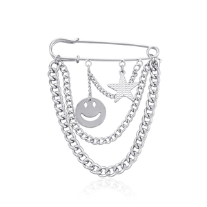 Vintage Alloy Safety Pin Brooch With Multi Layer Chains Star Smiley Face Charms Silver Electroplated Punk Clothing Pin For Women