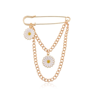 Elegant Gold Alloy Daisy Double Chain Brooch For Women Men Minimalist Flower Pendant Safety Pin Hanging Clothing Accessories