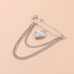 Vintage silver heart locket brooch with layered chains and detailed floral engraving