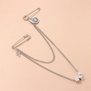 Punk owl relief dice brooch with musical note charms and double silver chains