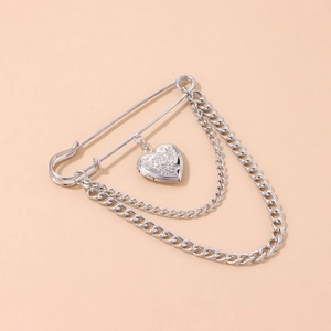 Vintage silver heart locket brooch with rose relief and double punk style metal chains