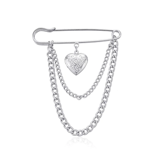 Vintage Heart Locket Brooch With Rose Embossing And Double Chain Alloy Safety Pin Fashion Jewelry Accessories For Women Gift
