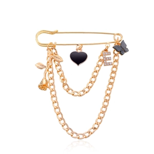 Spilla da Balia Vintage in Lega d'Oro con Rosa Cuore Farfalla Lettera E Doppia Catena Strass Gioielli alla Moda
