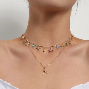 Hawaiian Double Layer Starfish Pendant Necklace Colorful Enamel Daisy Flower Gold Steel Alloy Necklace For Women Jewelry
