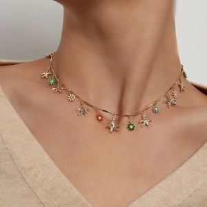 Golden Hawaiian necklace with colorful daisy flowers and sea star charms for women
