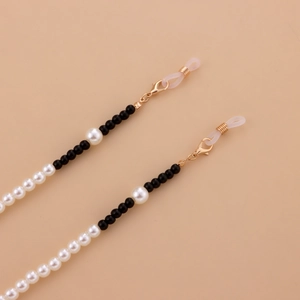 Chaîne de lunettes chic pour femmes avec perles blanches, perles noires et fermoirs dorés
