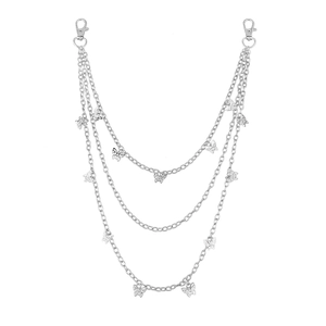 Silver multilayer butterfly waist chain with hollow pendants and lobster clasps on white background