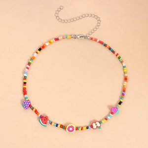 Colorful Fruit Beaded Necklace For Women Summer Jewelry With Polymer Clay Watermelon Lemon Charms Adjustable Seed Bead Choker