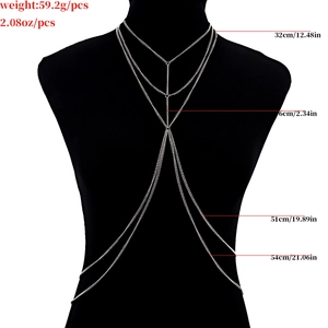 Punk style multi-layer silver body chain with neck and waist length measurements