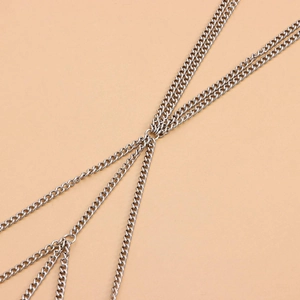 Punk style multi-layered silver metal body chain with curb link design and circular connector