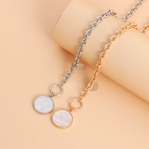 Punk style alloy necklace set with round mother of pearl pendants in gold and silver