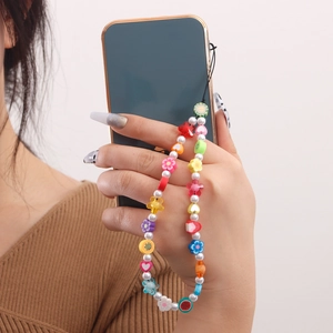 Dragonne de Téléphone en Künstliche Perles Arc-en-ciel Colorées Motif Fruit Fleur Cœur Résine Fausse Künstliche Perle Chaîne pour Mobile Femme