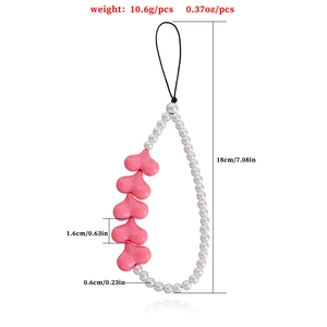 Pink heart and faux pearl beaded phone lanyard with size and weight measurements