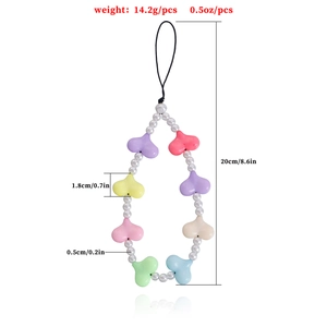 Colorful macaron acrylic heart and pearl phone charm strap with dimensions and weight