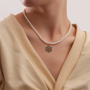 Christmas Artificial Pearl Necklace For Women Enamel Snowflake Christmas Tree Bell Pendant Holiday Party Jewelry