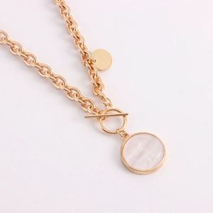 Macro shot of gold link chain necklace with shell pendant and toggle clasp detail