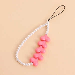 Pink heart and pearl beaded phone charm strap with a cute aesthetic design