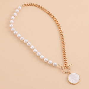 Asymmetric gold chain necklace with white pearls, OT toggle clasp and shell pendant