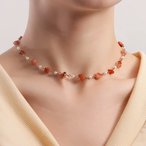 Collier en Alliage Bohème pour Femme Chaîne Plaquée Or Pierre Naturelle Irrégulière Turquoise Agate Avec Künstliche Perle Ras du Cou Bijoux Quotidien