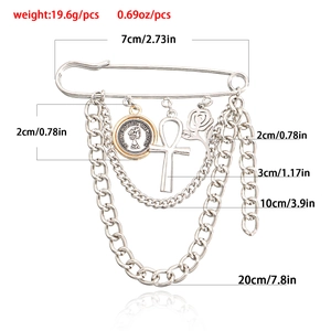 Punk style multilayer chain brooch with rose and coin charms and dimension markings