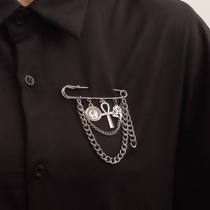 Vintage Punk Alloy Multi-Layer Chain Brooch With Queen Elizabeth Coin Ankh Cross Rose Pendant For Women Fashion Jewelry