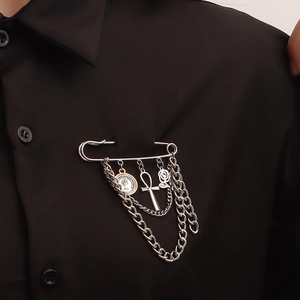 Silver punk brooch with multi-layer chains, vintage coin, ankh cross and rose charms