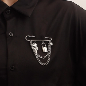 Punk Silver Alloy Safety Pin Brooch With Double Layer Chains Key Lock Sun Smile Face Charms For Women Streetwear Jewelry