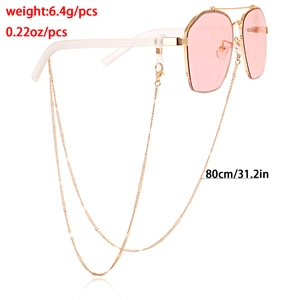 Lunettes de soleil roses géométriques avec chaîne en métal doré double couche 80 cm