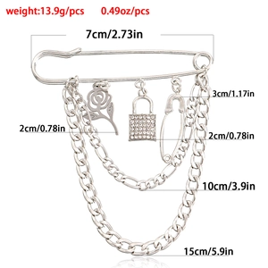 Punk silver multi-layer chain brooch with rose charm and crystal padlock pendant