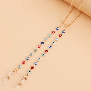 Fashionable gold evil eye eyeglass chain with colorful crystal beads and silicone loops
