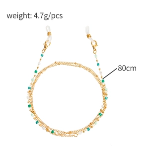 Fashionable 80cm gold eyewear chain with colorful green and white crystal beads
