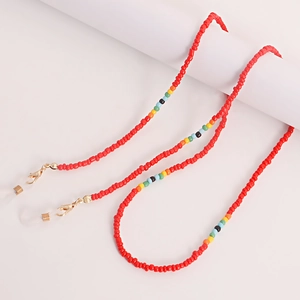 Catenella per occhiali con perline colorate rosse e ganci dorati per maschere e occhiali