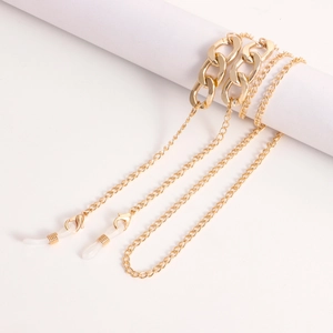 Fashionable pale gold metal glasses chain with flat link design and non-slip silicone loops