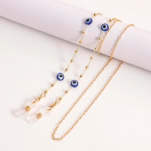 Golden metal Evil Eye chain with blue beads for glasses and face masks for women