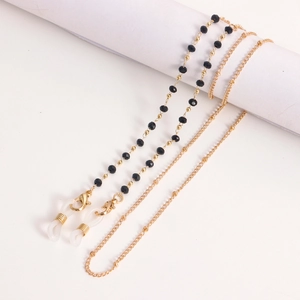 Fashionable gold eyewear chain with black crystal beads and non-slip silicone loops