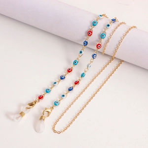 Three gold-plated chains with colorful evil eye beads for glasses or masks