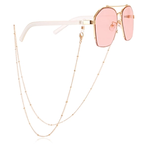 Gafas de sol rosa con montura metálica dorada y elegante cadena de cuentas de moda
