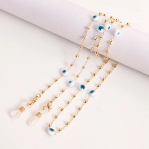 Golden bead eyewear chain with evil eye charms and non-slip silicone loops
