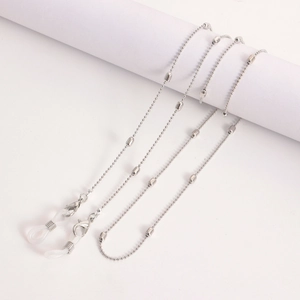 Silver beaded metal eyewear chain with lobster clasps and anti-slip silicone loops