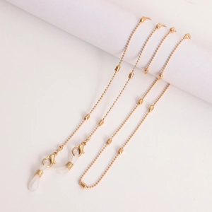 Dual golden metal beaded eyewear chains with lobster clasps and silicone loops for masks