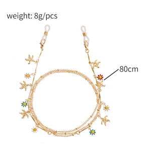 Chaîne de lunettes dorée avec marguerites colorées et étoiles de mer, cordon de 80cm