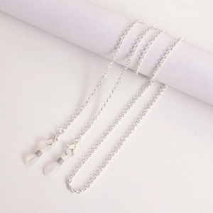 Silver metal eyewear chain with lobster clasps and non-slip silicone loops on white background
